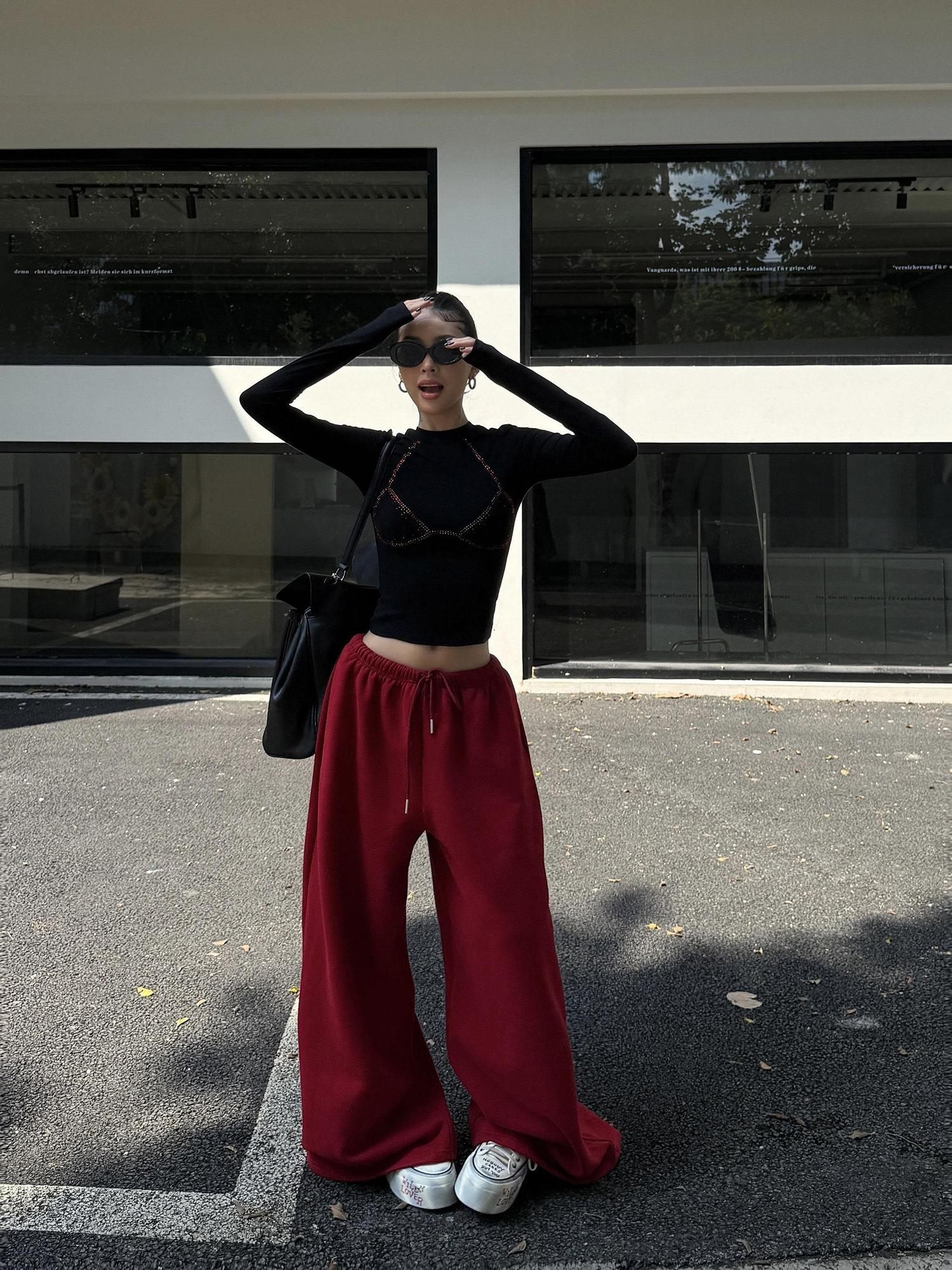 ZERO Soft Cotton Slight Stretch Casual Natural Waist Burgundy Wide Leg Pants