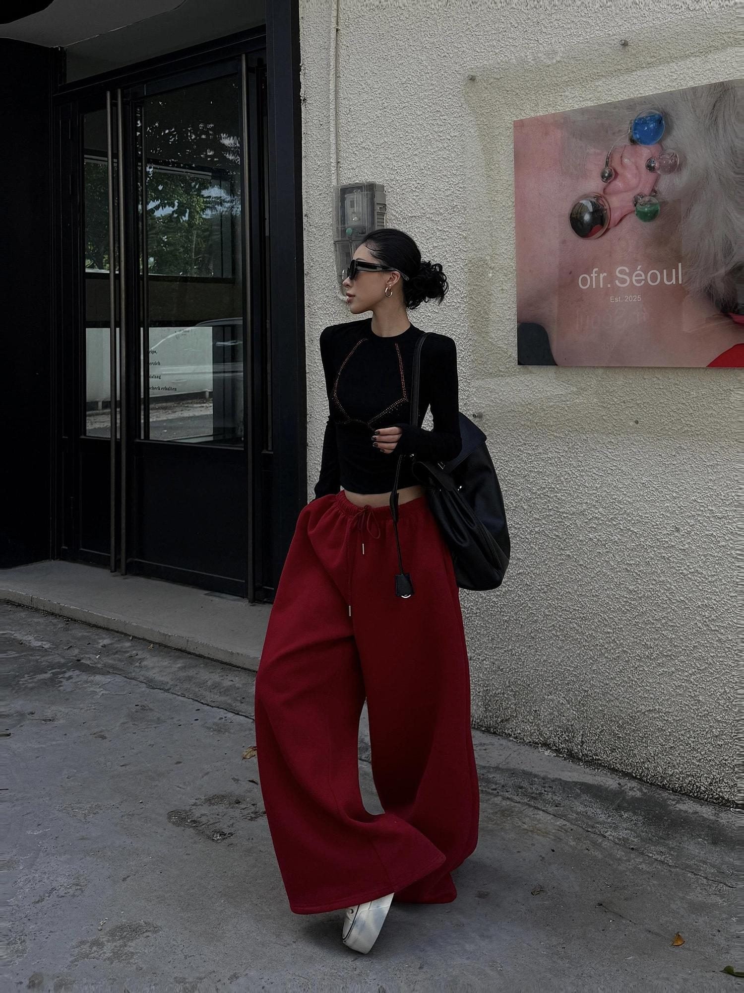 ZERO Soft Cotton Slight Stretch Casual Natural Waist Burgundy Wide Leg Pants