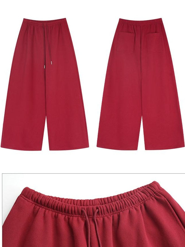ZERO Soft Cotton Slight Stretch Casual Natural Waist Burgundy Wide Leg Pants