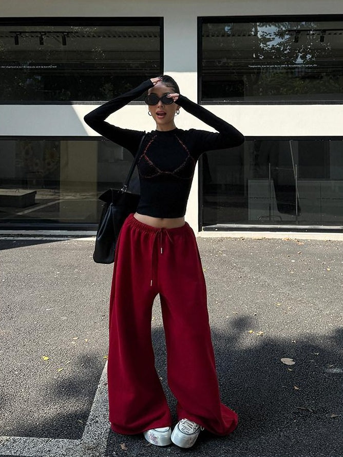 ZERO Soft Cotton Slight Stretch Casual Natural Waist Burgundy Wide Leg Pants