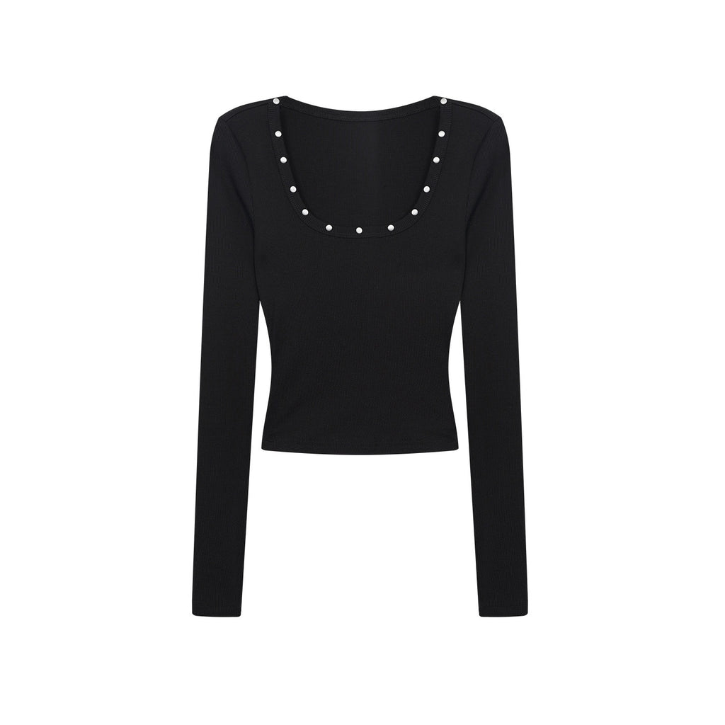 ZERO_Soft_Modal_Rhinestone_Slim_U_Neck_Casual_Women_Black_Long_Sleeve_Crop_Tops_MISSTT