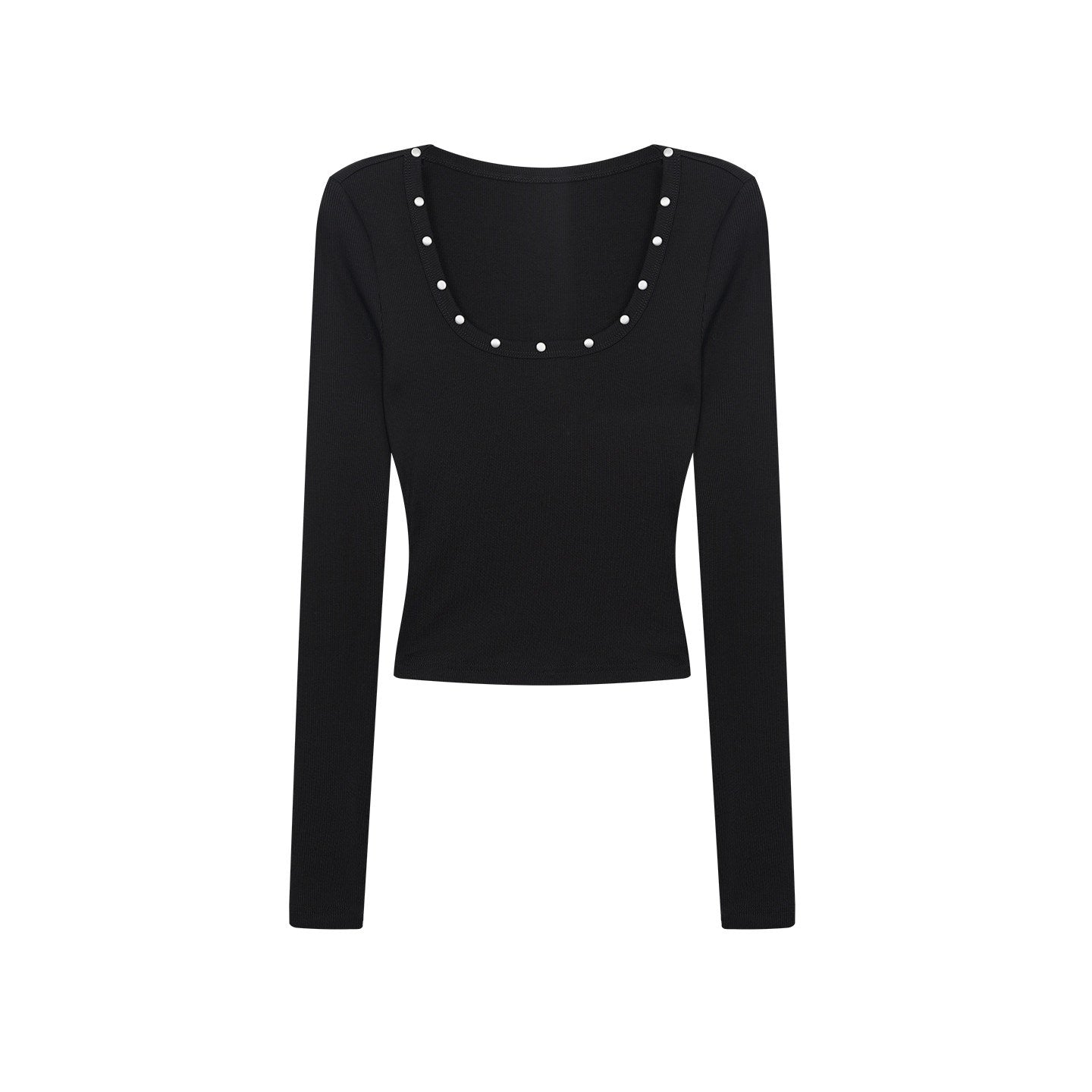 ZERO_Soft_Modal_Rhinestone_Slim_U_Neck_Casual_Women_Black_Long_Sleeve_Crop_Tops_MISSTT