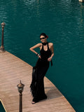 ZERO Soft Viscose Bodycon Slit U Neck Casual Sleeveless Black Women Maxi Dresses