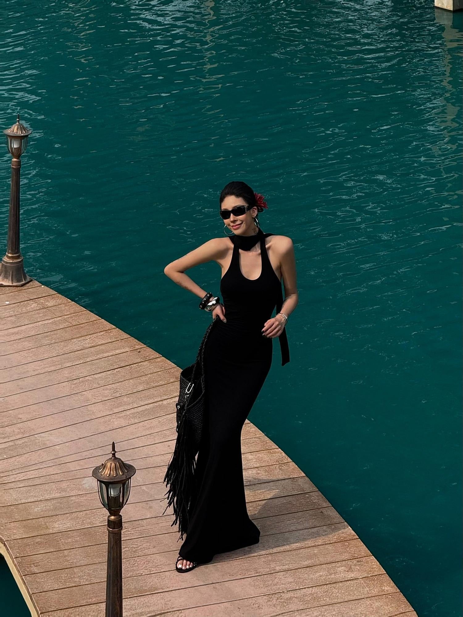 ZERO Soft Viscose Bodycon Slit U Neck Casual Sleeveless Black Women Maxi Dresses
