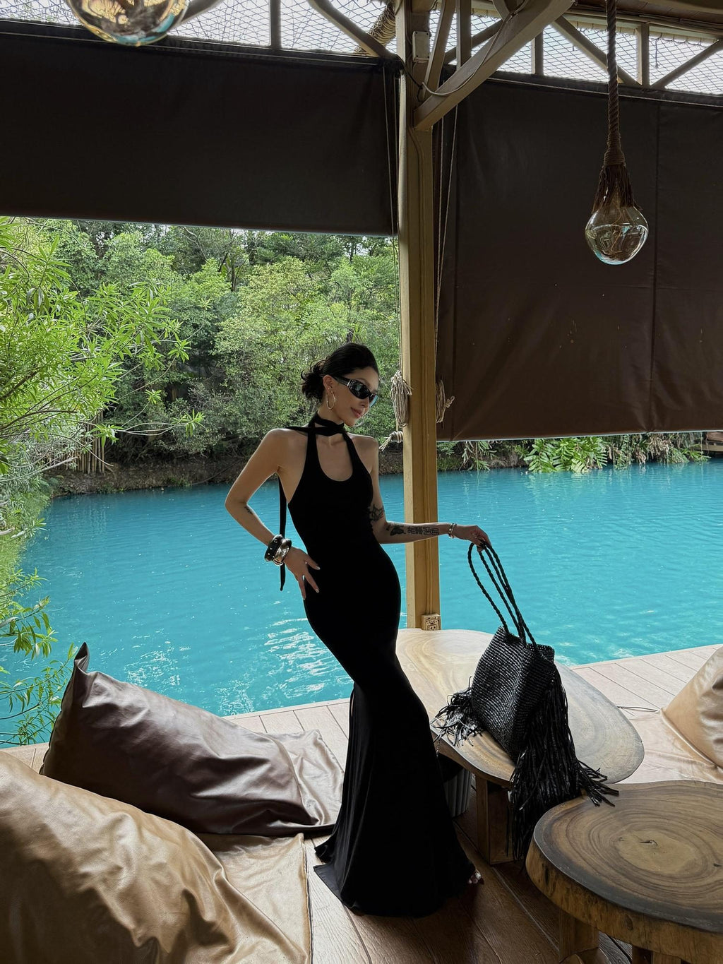 ZERO Soft Viscose Bodycon Slit U Neck Casual Sleeveless Black Women Maxi Dresses