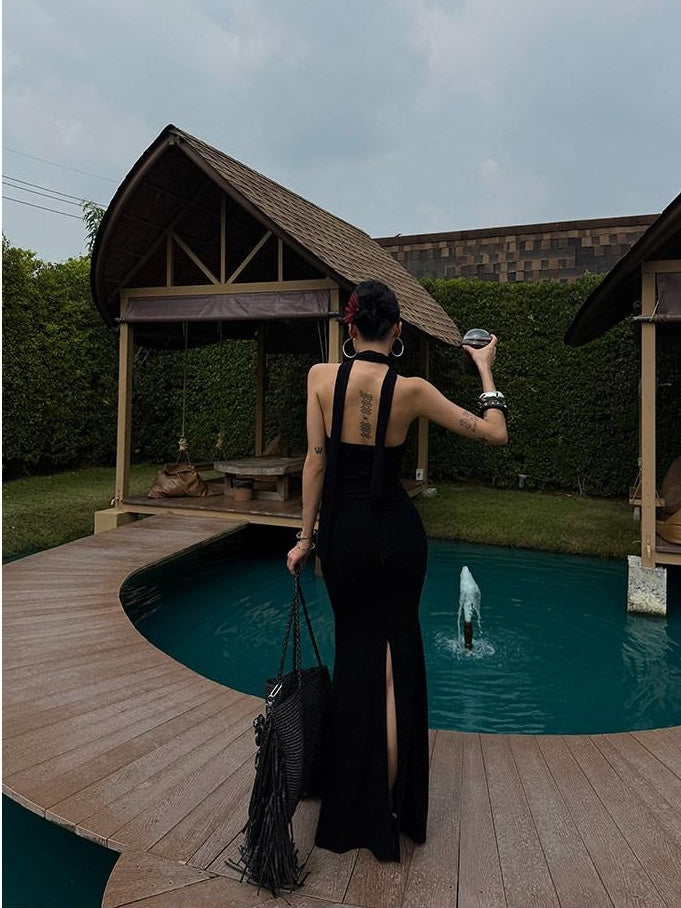 ZERO Soft Viscose Bodycon Slit U Neck Casual Sleeveless Black Women Maxi Dresses