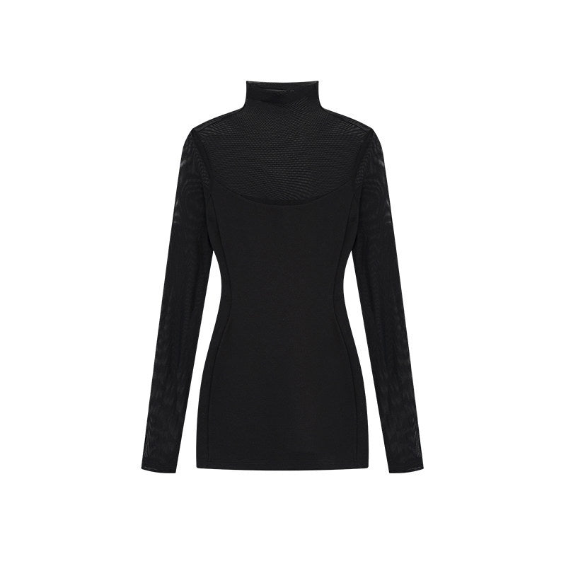 ZERO_Waist_Cinching_Elegant_Patchwork_Knit_High_Neck_Long_Sleeve_Women_Mini_Dresses_MISSTT