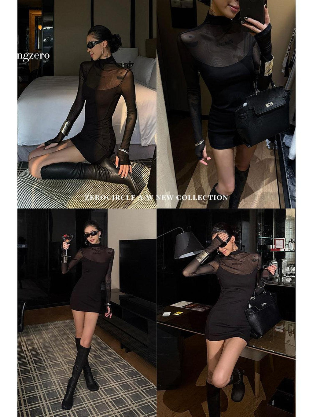 ZERO Waist Cinching Elegant Patchwork Knit High Neck Long Sleeve Women Mini Dresses
