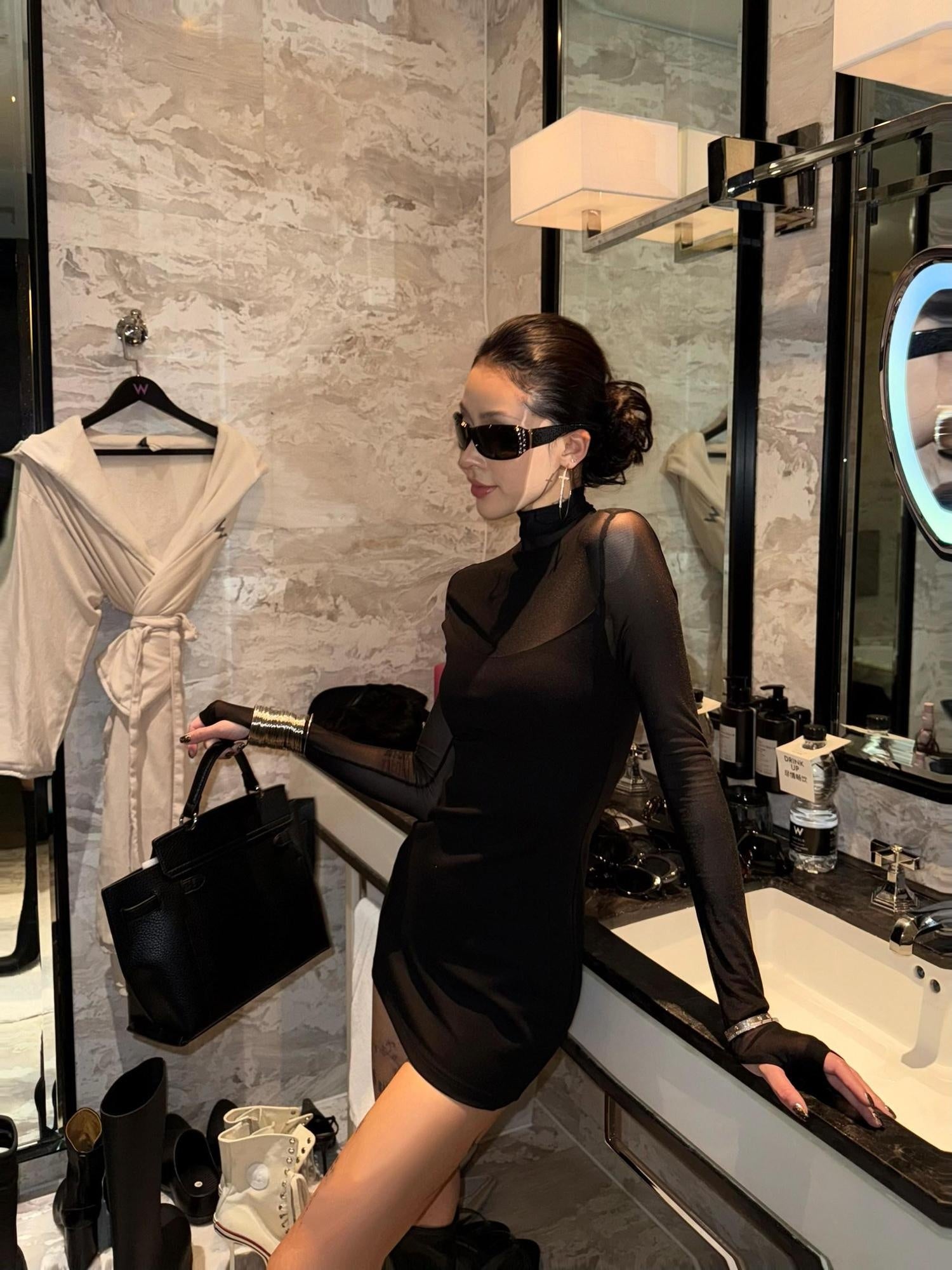 ZERO Waist Cinching Elegant Patchwork Knit High Neck Long Sleeve Women Mini Dresses