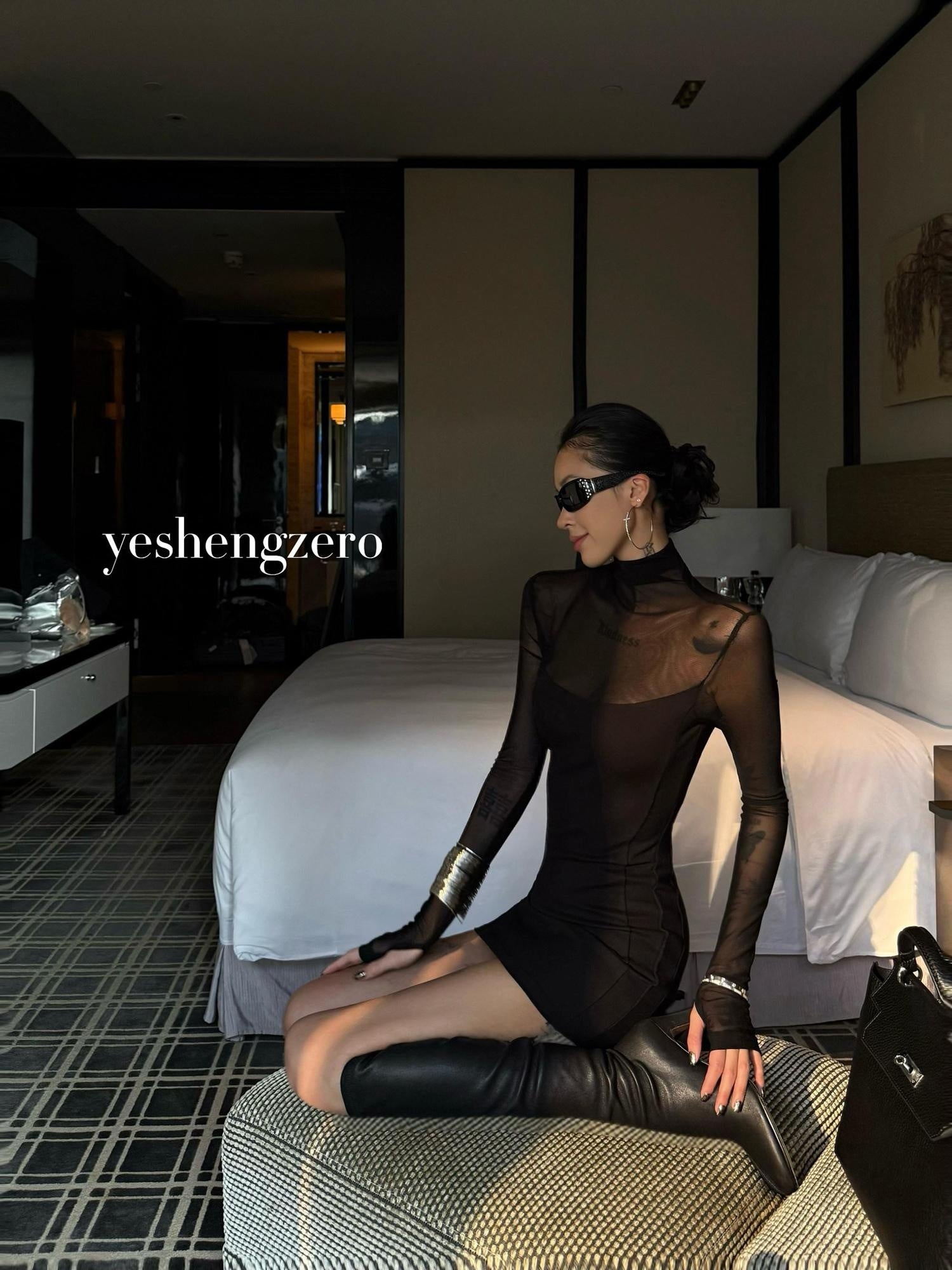 ZERO Waist Cinching Elegant Patchwork Knit High Neck Long Sleeve Women Mini Dresses