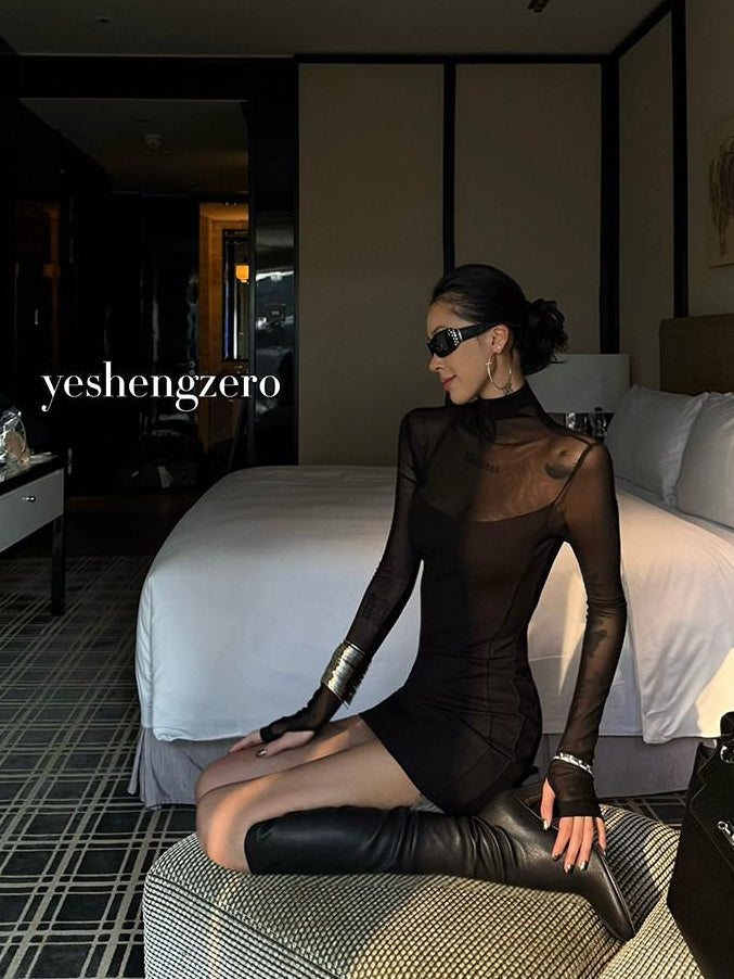 ZERO Waist Cinching Elegant Patchwork Knit High Neck Long Sleeve Women Mini Dresses
