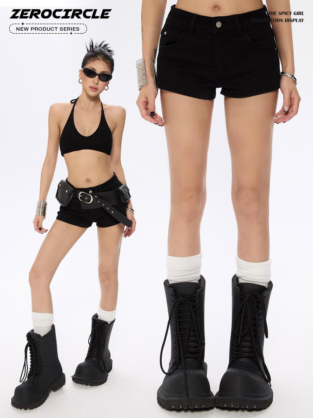ZERO Washed Low Rise Casual Straight Zip Fly Mid Stretch Black Women Denim Shorts