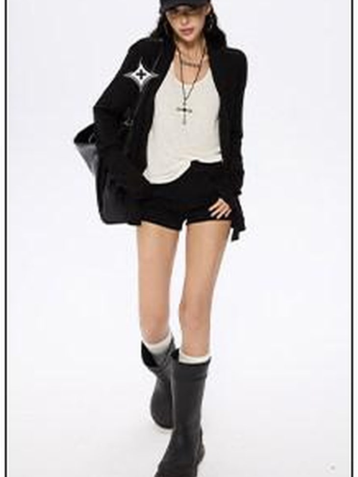 ZERO Washed Low Rise Casual Straight Zip Fly Mid Stretch Black Women Denim Shorts