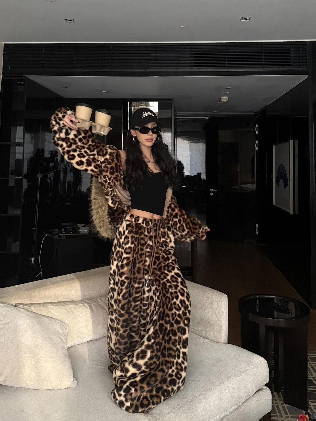 ZERO Fleece Lined Warm Loose Hooded Zipper Women Leopard Print Top & Pants Sets