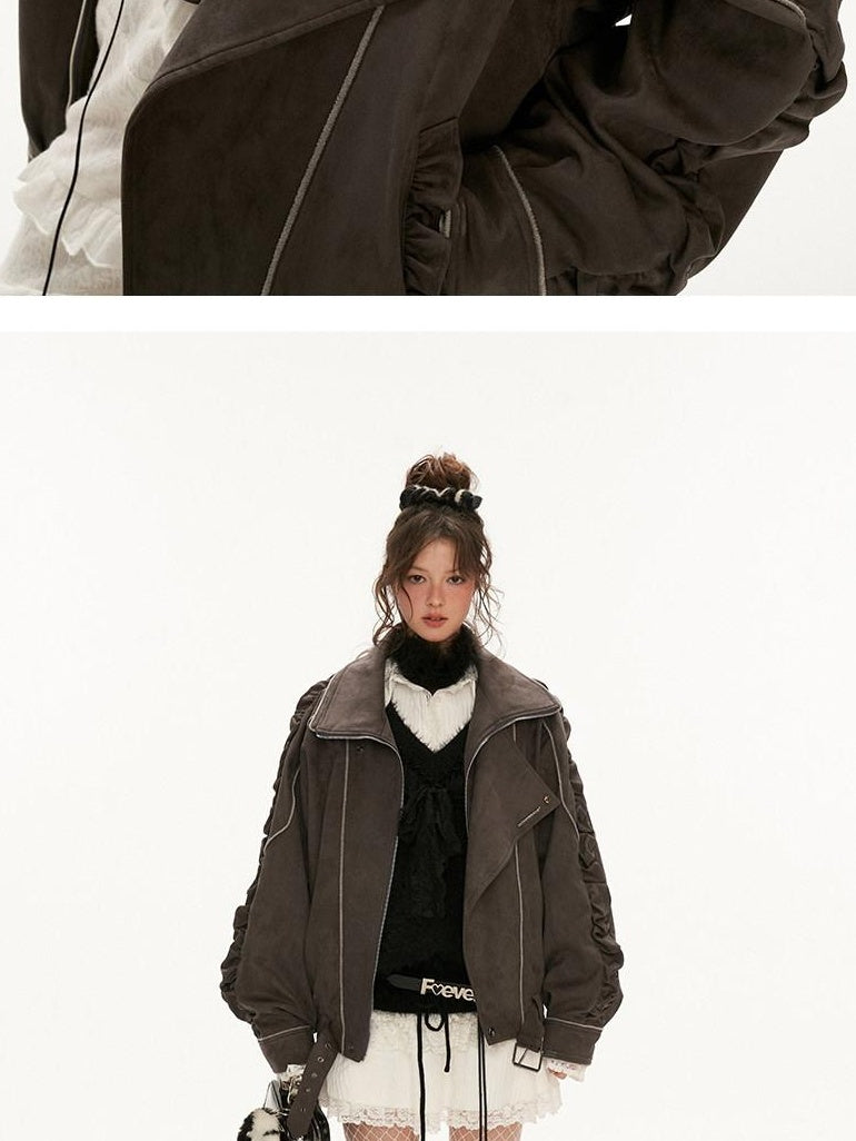 MAMC Stretch Polyester Loose Fit Mechanical Lapel Zipper Gray Leather Jackets