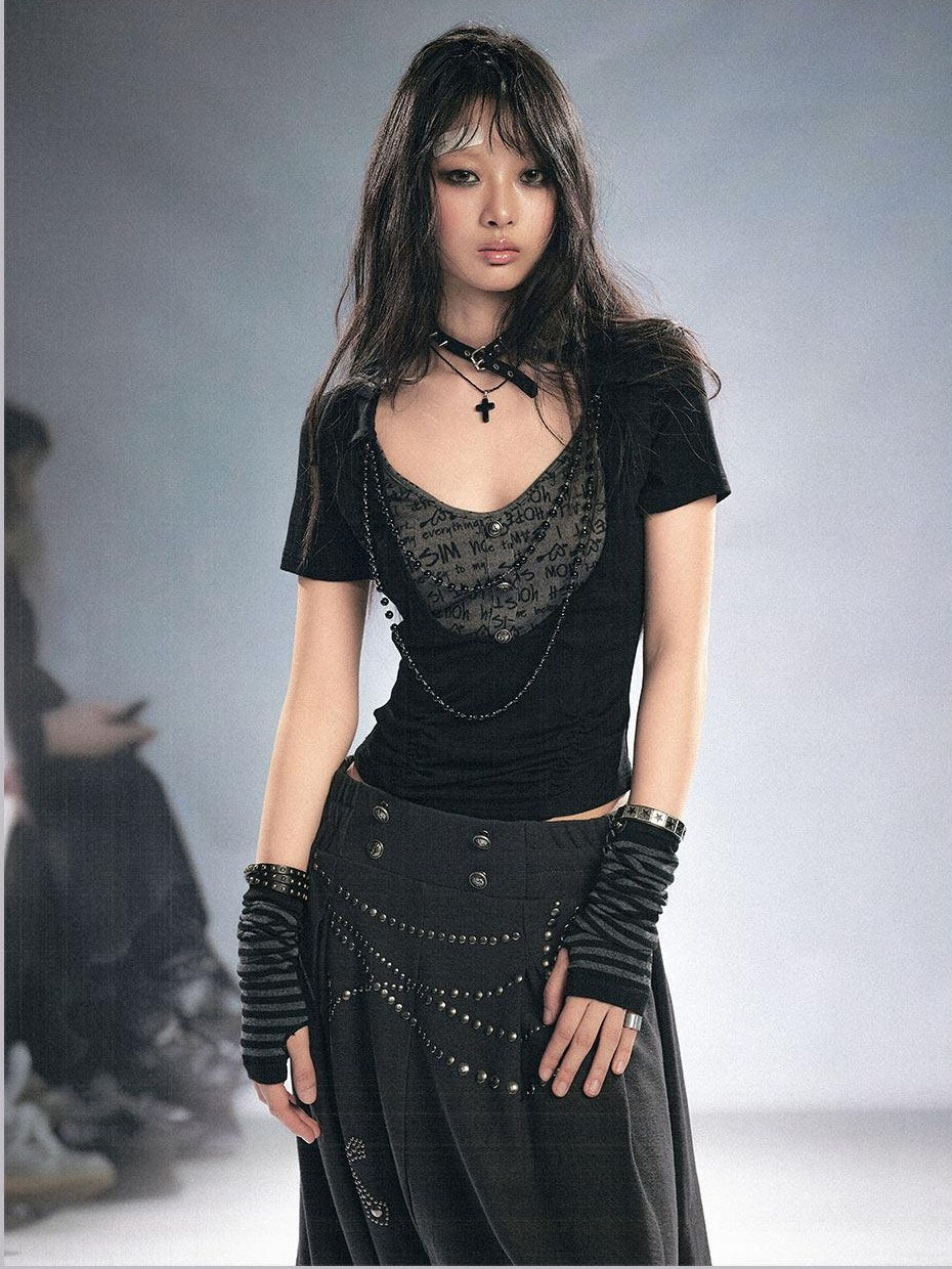 Cest Nous Slim Lyocell Punk Faux Layered V-neck Patchwork Black Women Shortsleevet-Shirts