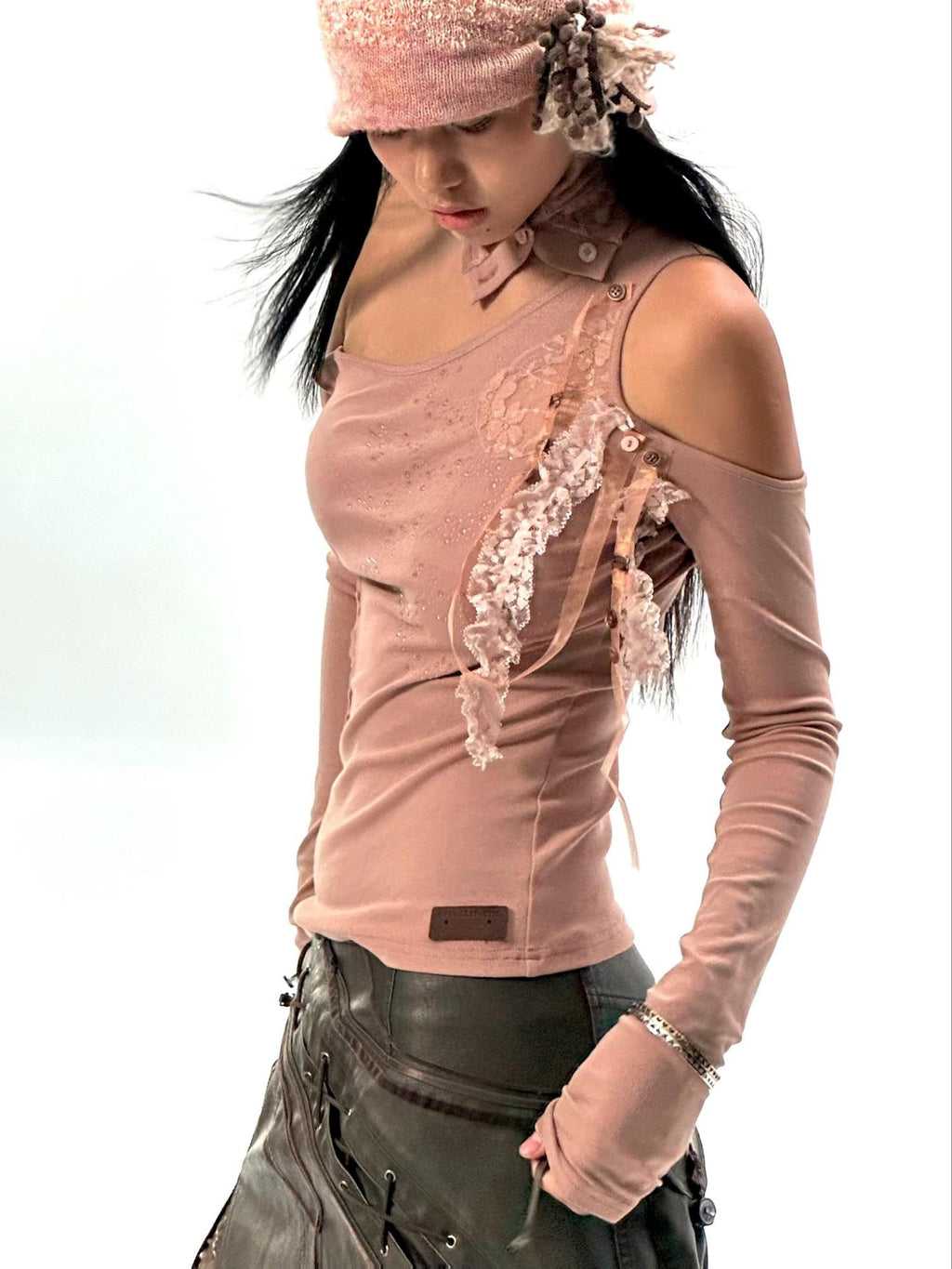 OPEN AESTHETIC Original Design Asymmetrical Shoulder Solid Lotus Pink Long Sleeve T-Shirts