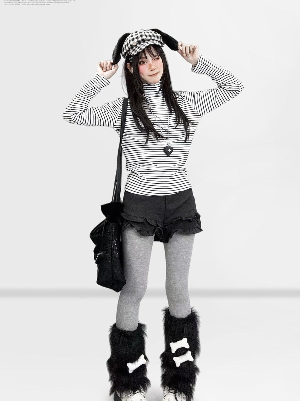 REDDACHIC Black White Stripe Gothic Half Collar Women'S Fleece Long Sleeve T-Shirts