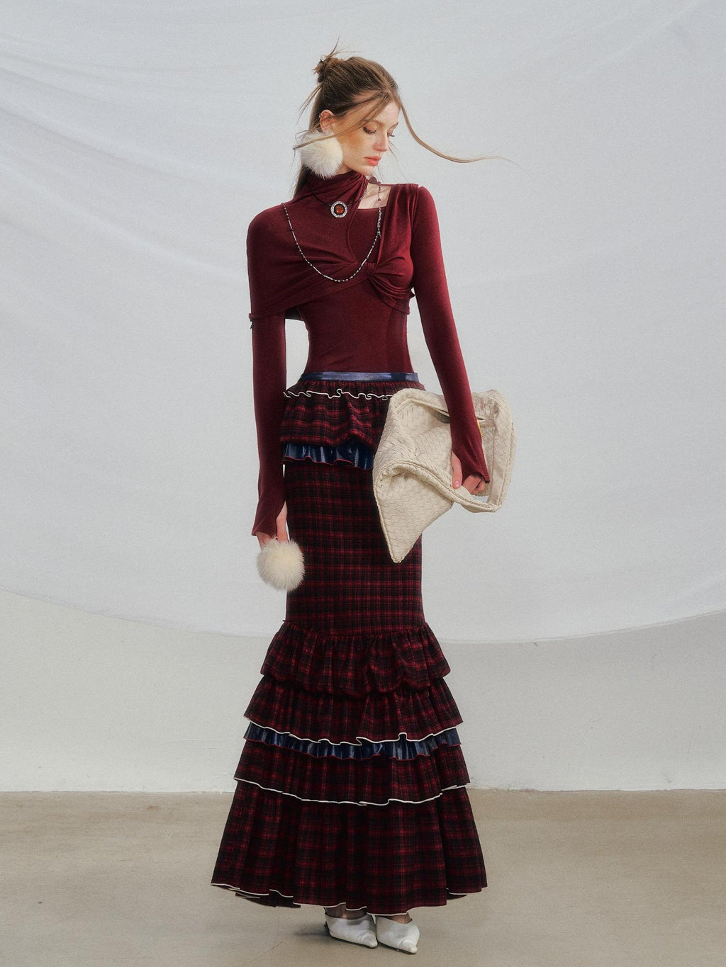 OfAkiva Pleated High Waist A Line Slim Fit City Commuter Women Plaid Maxi Skirts