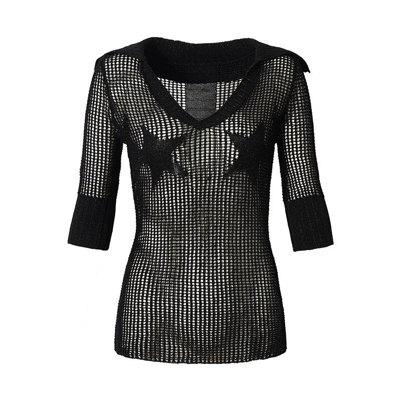 NO_ROMANCE_Star_Cutout_V-neck_One_Shoulder_Two_Way_Women'S_Knit_Short_Sleeve_T-Shirts_MISSTT