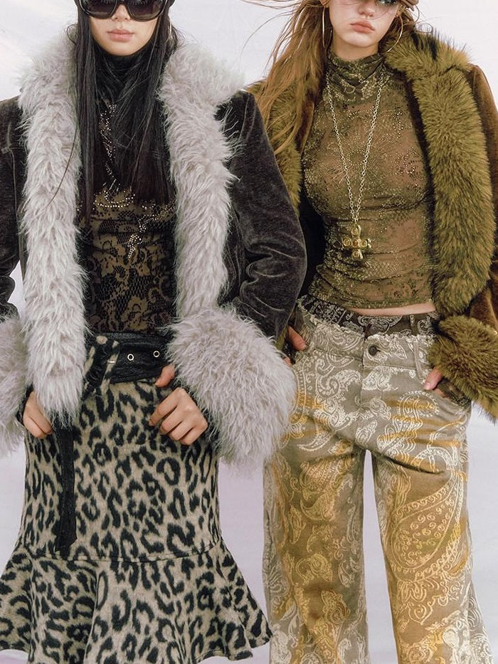 OfAkiva High Waisted Slim A Line Patchwork Belted Casual Women Leopard Print Midi Skirts