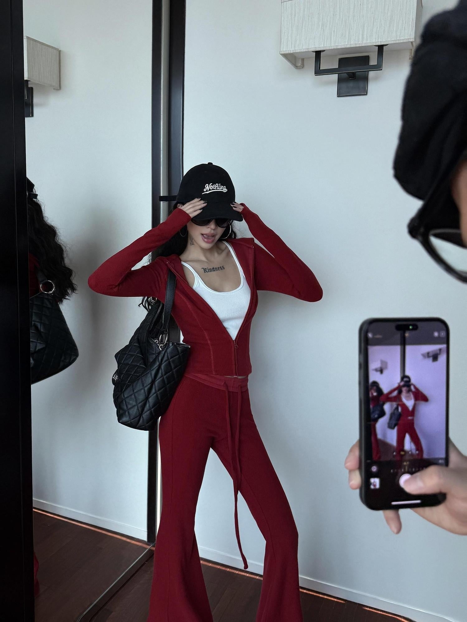 ZERO Soft Stretch Hooded Sweatshirt High Waist Pants Casual Women Red Top & Pants Sets