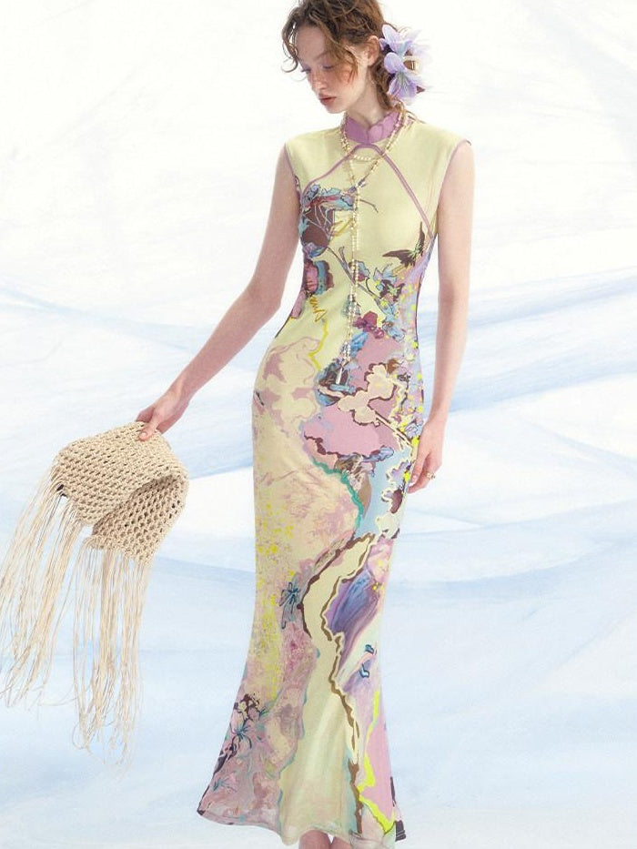 OfAkiva Floral High Waist Modern Qipao A Line Sleeveless Travel Maxi Dresses