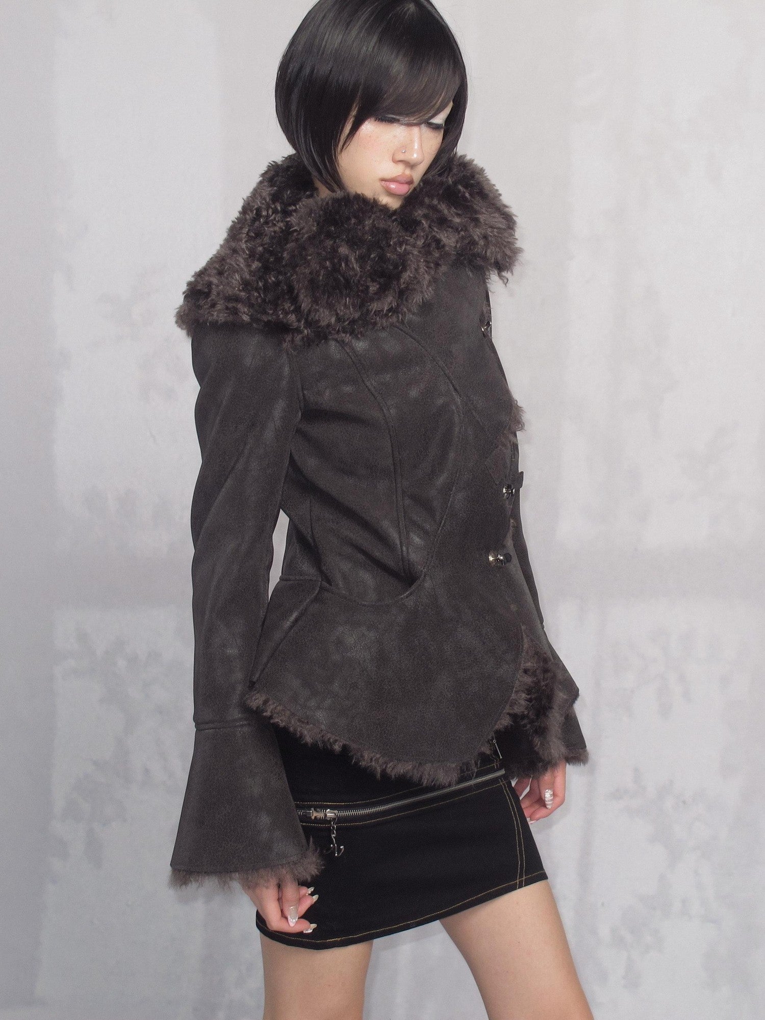 OPEN AESTHETIC Warm Faux Fur Oversized Lapel Collar Women Dark Aesthetic Black Casual Jackets
