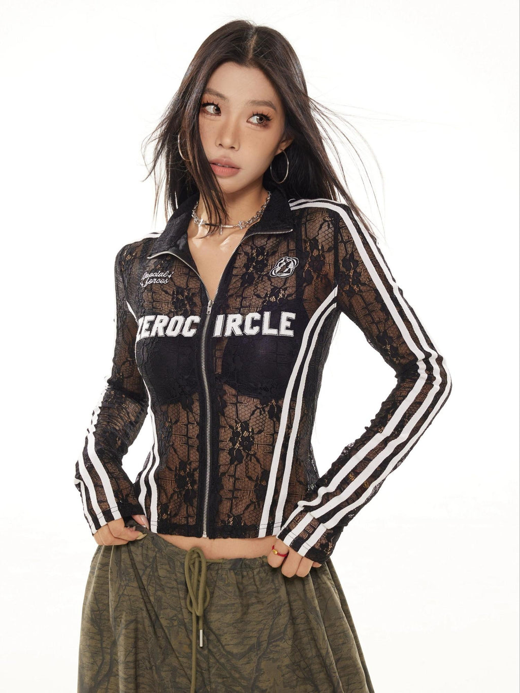 ZERO Slim Fit Street Applique Stand Collar Zipper Women Nylon Long Sleeve Crop Tops