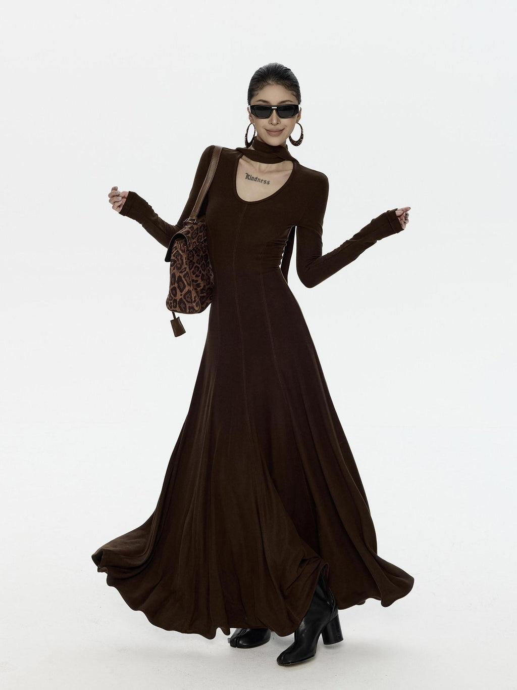 ZERO High Stretch Viscose Casual Flared Long Sleeve V-neck Women Maxi Dresses
