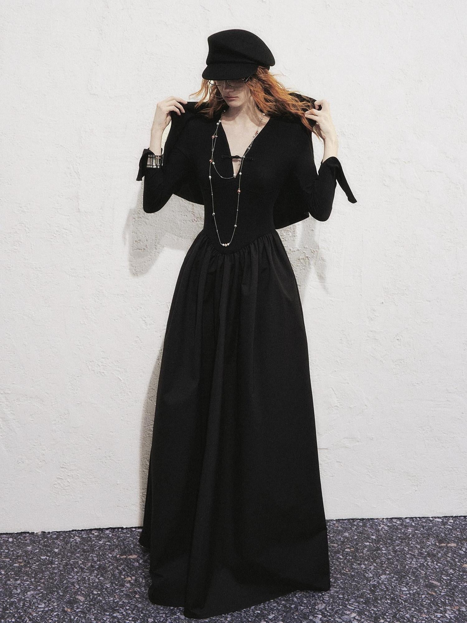 OfAkiva High Waist Slim A Line V-neck Patchwork Long Sleeve Casual Dawn Maxi Dresses
