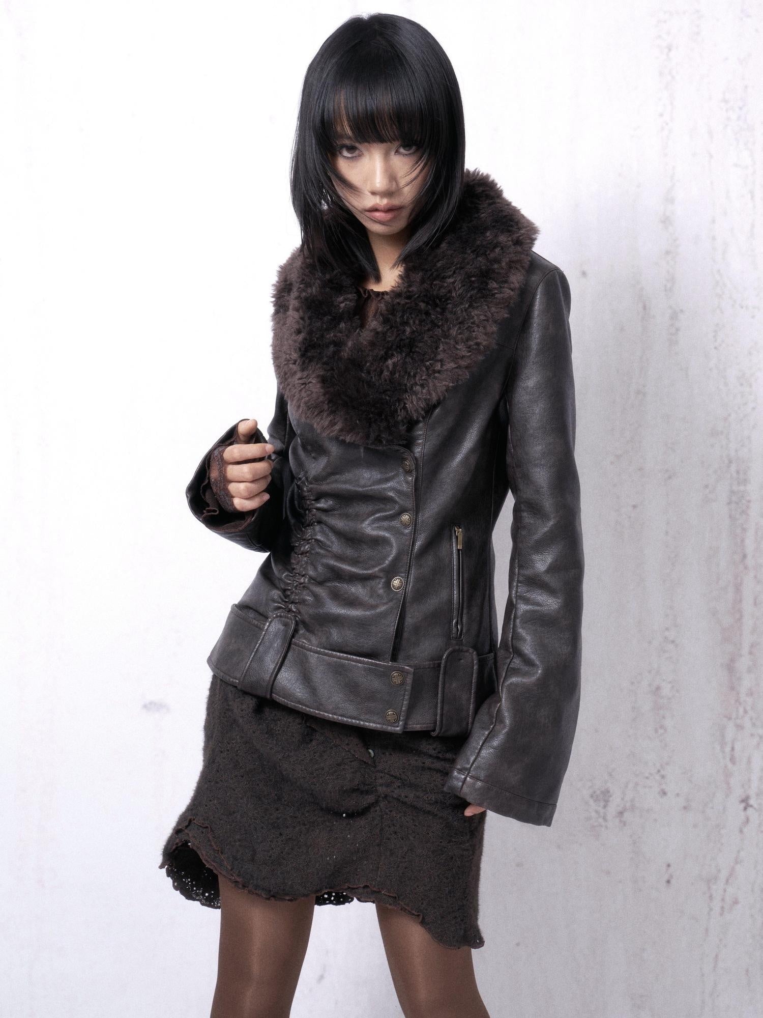 OPEN AESTHETIC Warm Fur Collar Slim Fit Retro Pleated Pu Brown Notch Collar Leather Jackets
