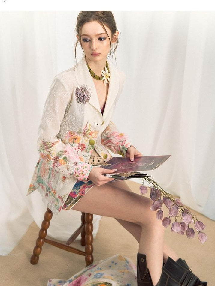 OfAkiva Rhinestone Floral Print Cinched Waist Single Button White Long Sleeve Blazers