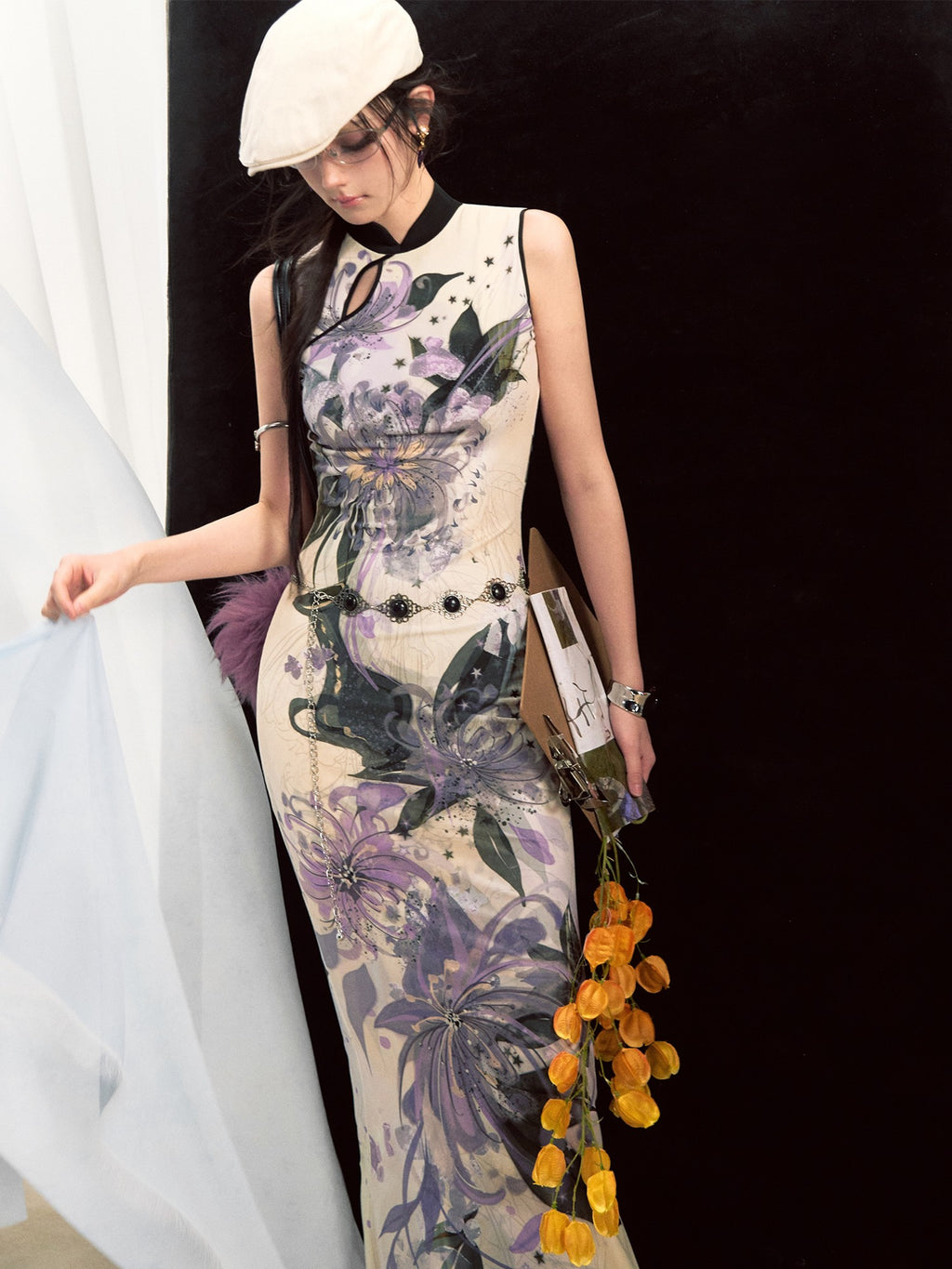 OfAkiva Figure Flattering Printed Chinese Stand Collar Mermaid Slim Women Maxi Skirts