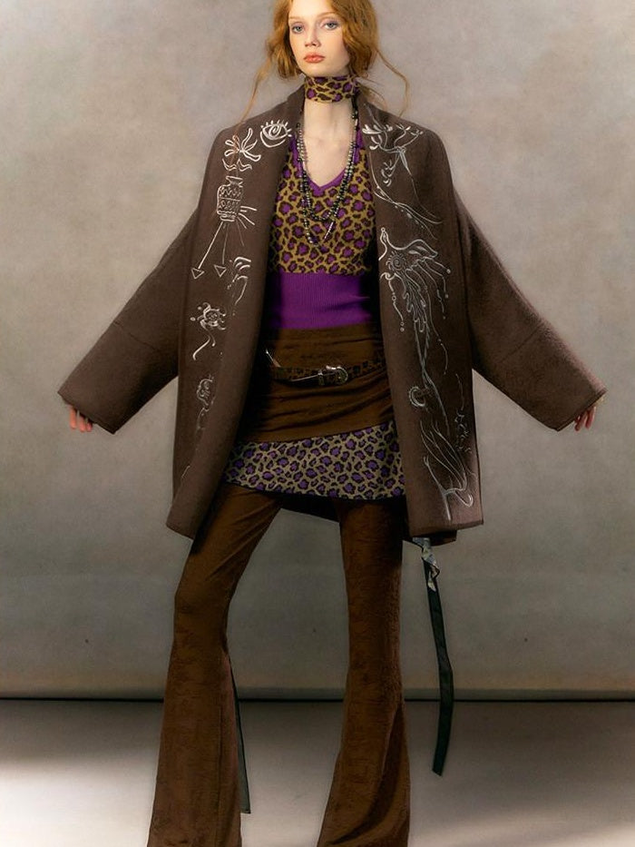 OfAkiva Embroidered Double Faced Wool Elegant Loose Fit Women Brown Short Coat