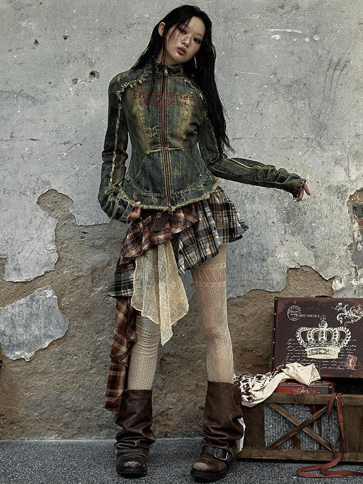 NO ROMANCE Punk Asymmetric Plaid Patchwork Rivet Women'S Cotton Midi Skirts