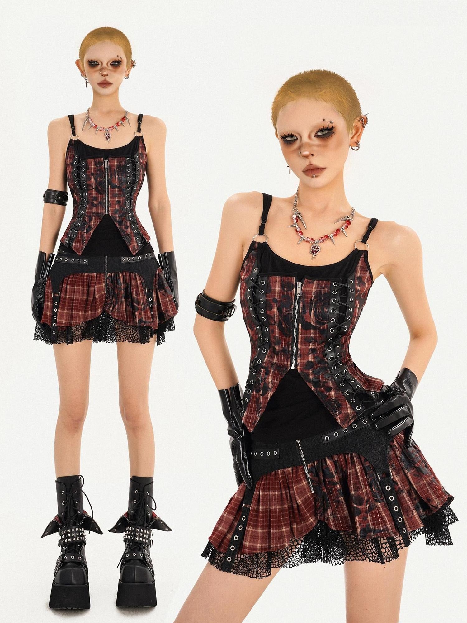 Nico Molly Zipper Cropped Plaid Slim Camisole High Waist Skirt Women Top & Skirt Sets