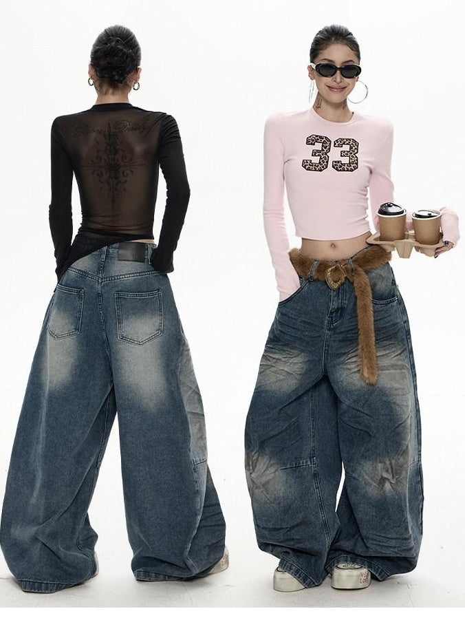 ZERO Retro Distressed Low Rise Loose Blue Denim Button Fly Womens Wide Leg Jeans