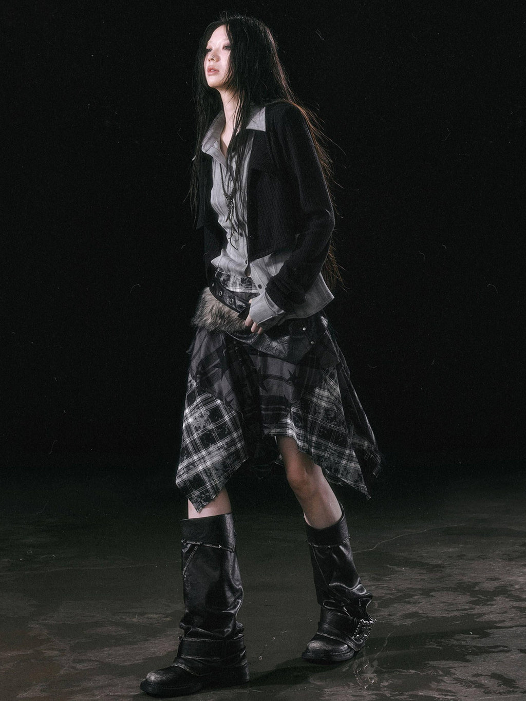 Cest Nous Patchwork Asymmetrical Punk Plaid A Line Mid Waist Women Cotton Midiskirts