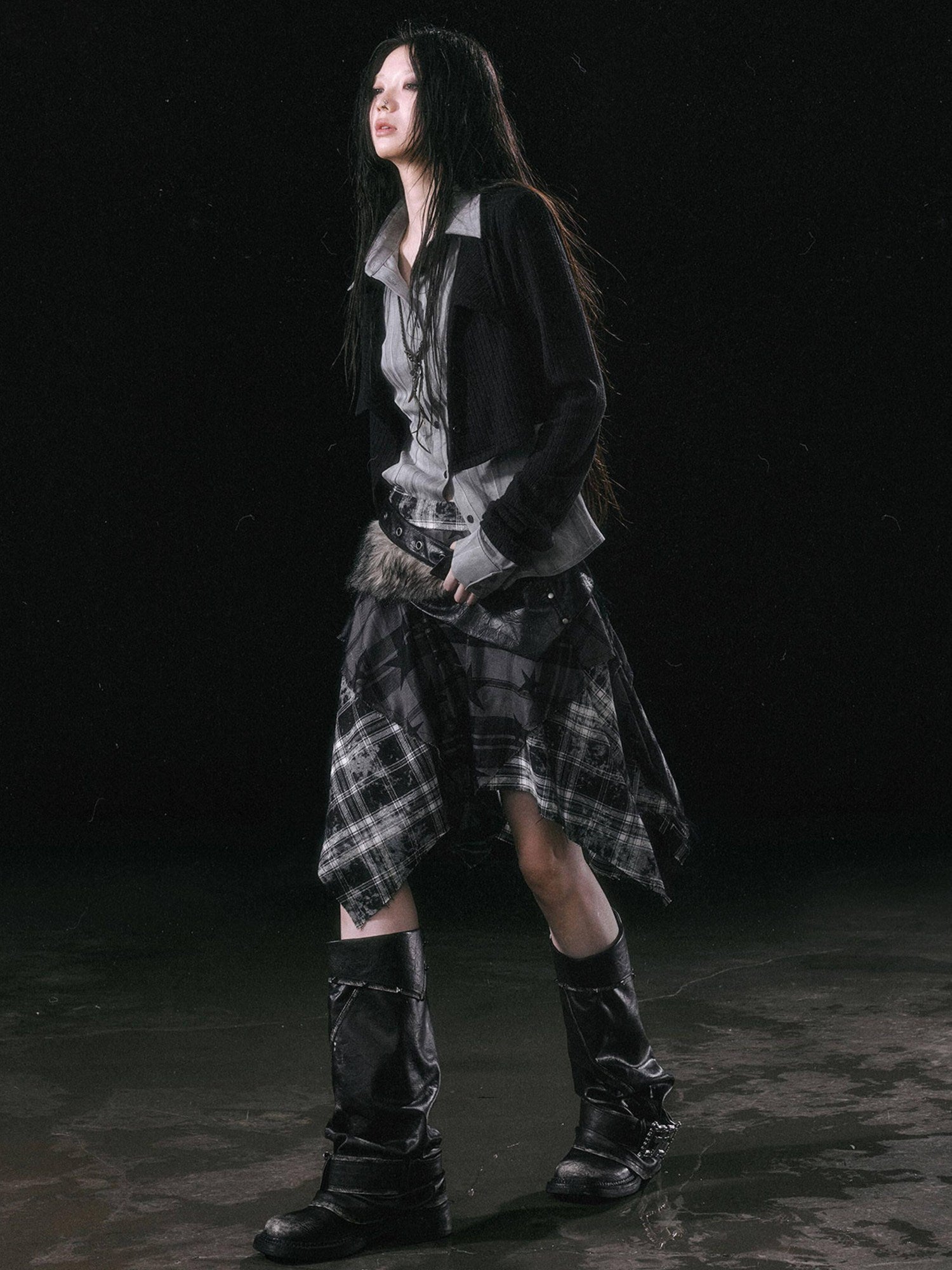 Cest Nous Patchwork Asymmetrical Punk Plaid A Line Mid Waist Women Cotton Midiskirts