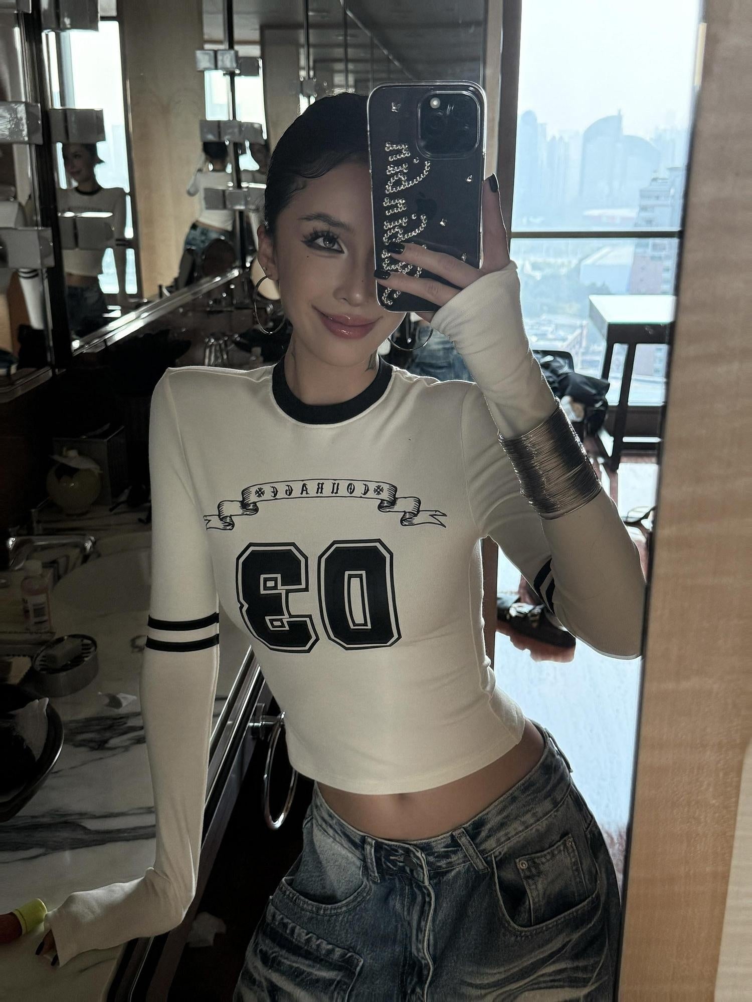 ZERO Viscose Knit Letter Print Casual Slim Fit Women Daily Long Sleeve Crop Tops