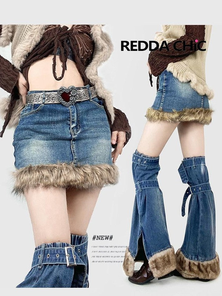 REDDACHIC American Vintage High Waist Bodycon Street Women'S Plush Denim Mini Skirts