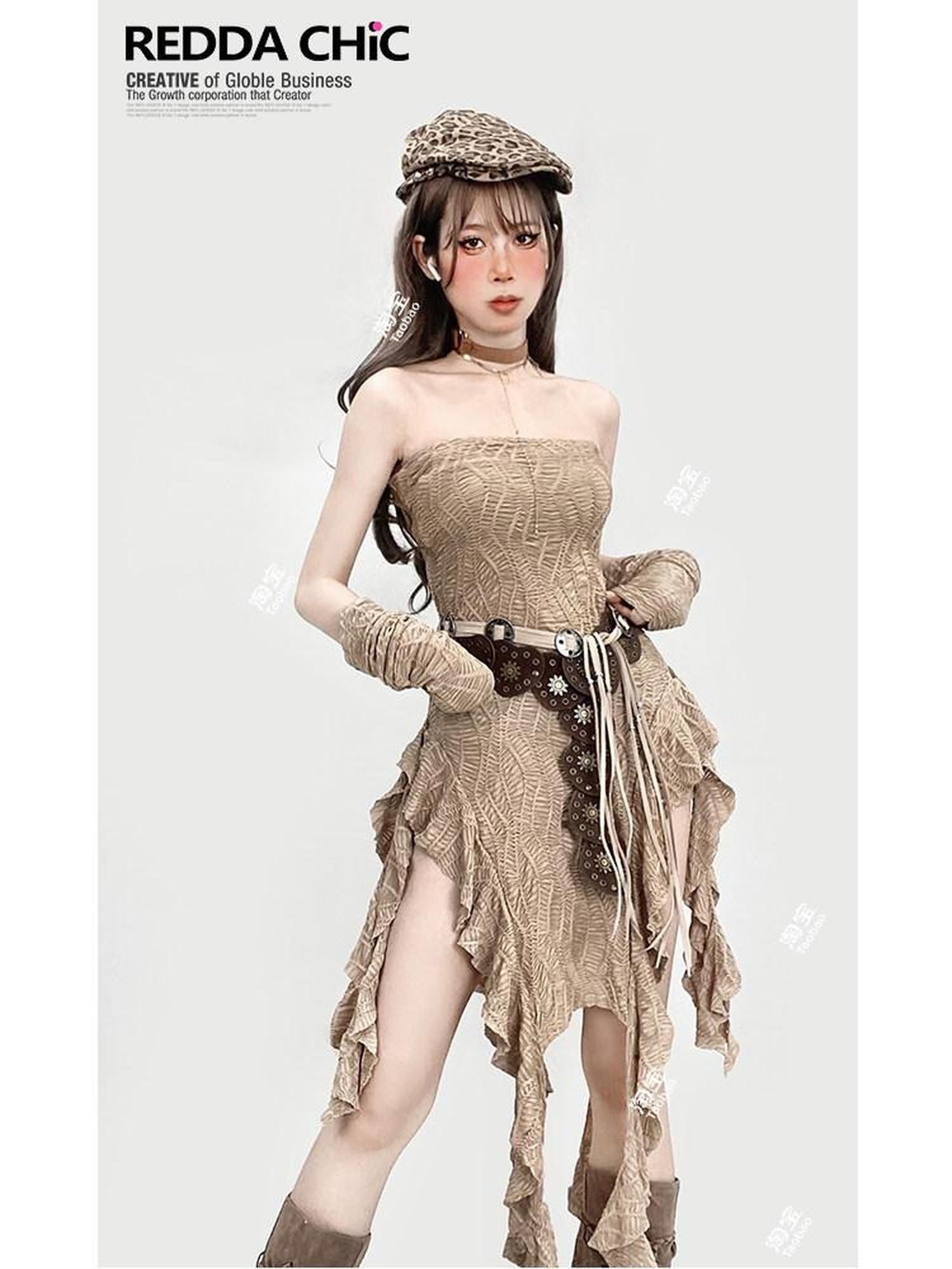 REDDACHIC Khaki Wasteland Fitted Ruffle Tassel Asymmetrical Women'S Strapless Maxi Dresses