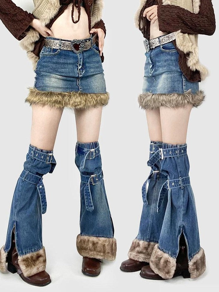 REDDACHIC American Vintage High Waist Bodycon Street Women'S Plush Denim Mini Skirts