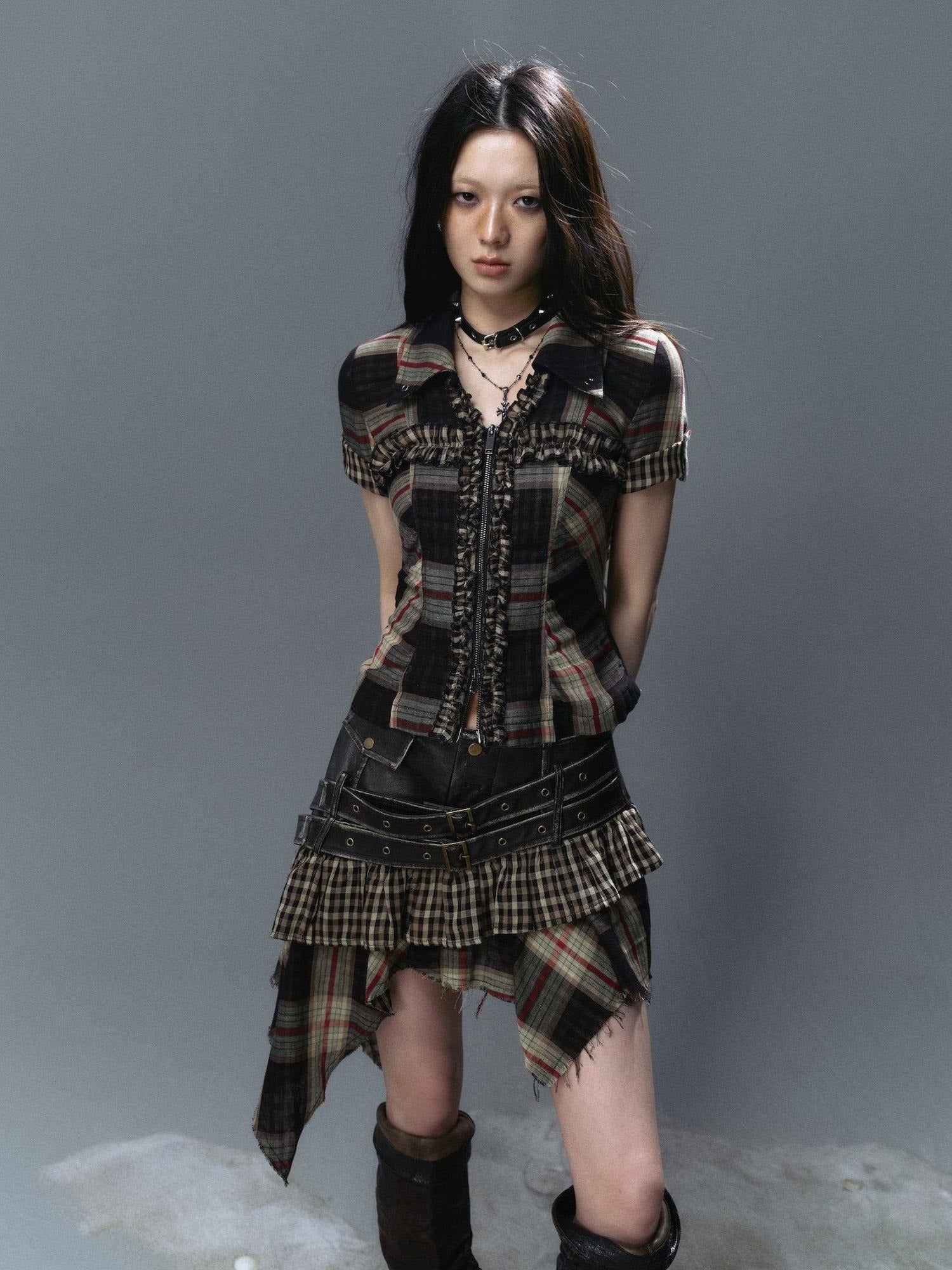 Cest Nous Ruched Patchwork Slim Punk Plaid Cotton Zip Short Sleeve Blouses