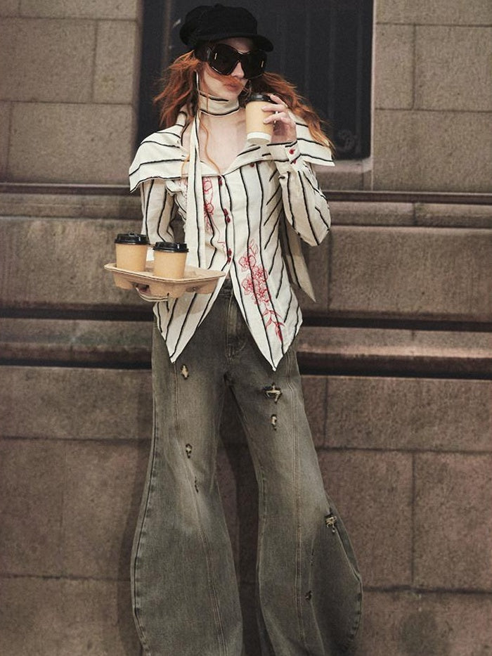 OfAkiva 100 Percent Cotton Breathable Slim Fit Puff Sleeve Striped Cardigan Blouses