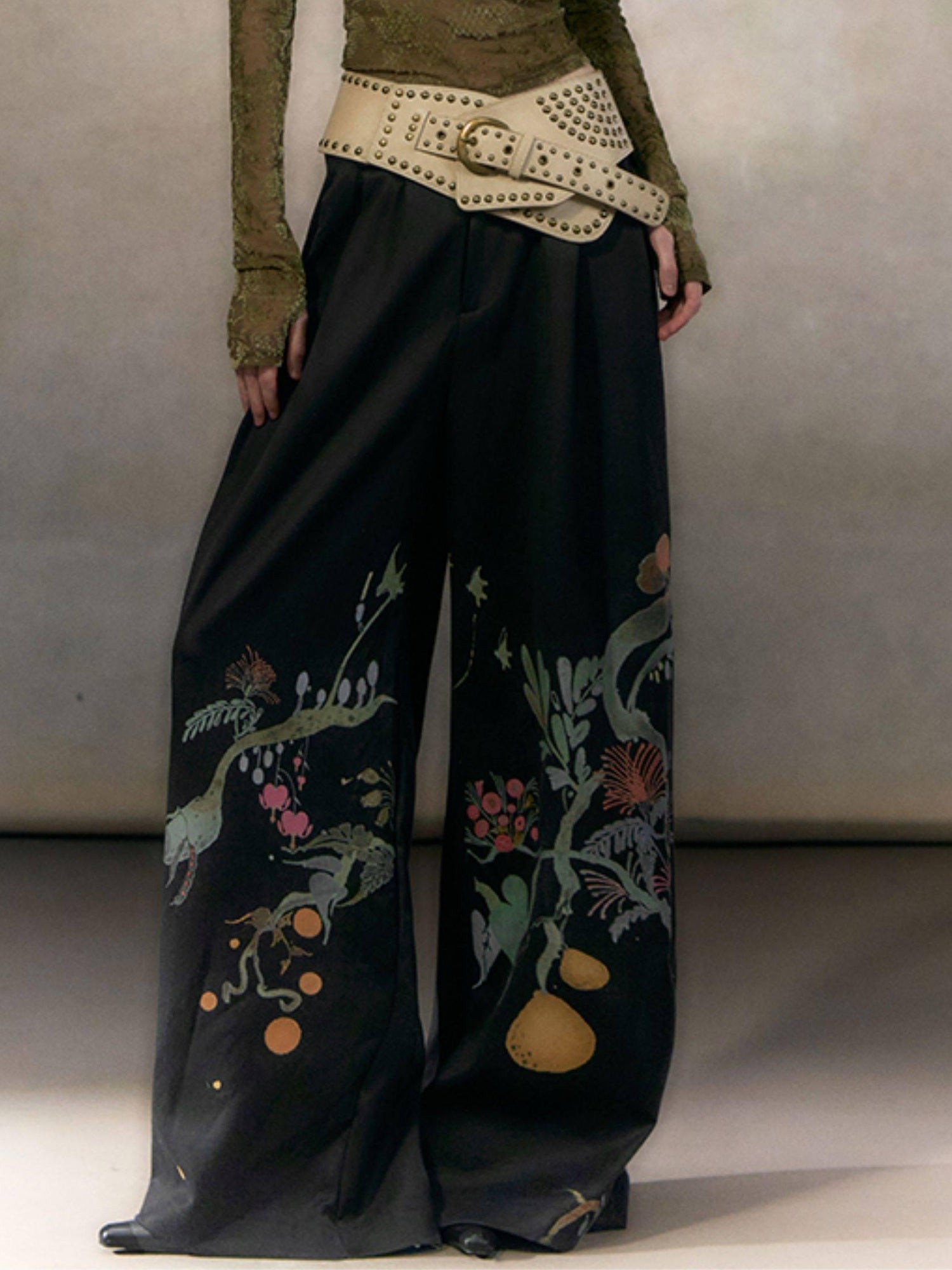 OfAkiva High Waist Floral Print Casual Straight Zipper Fly Women Black Wide Leg Pants
