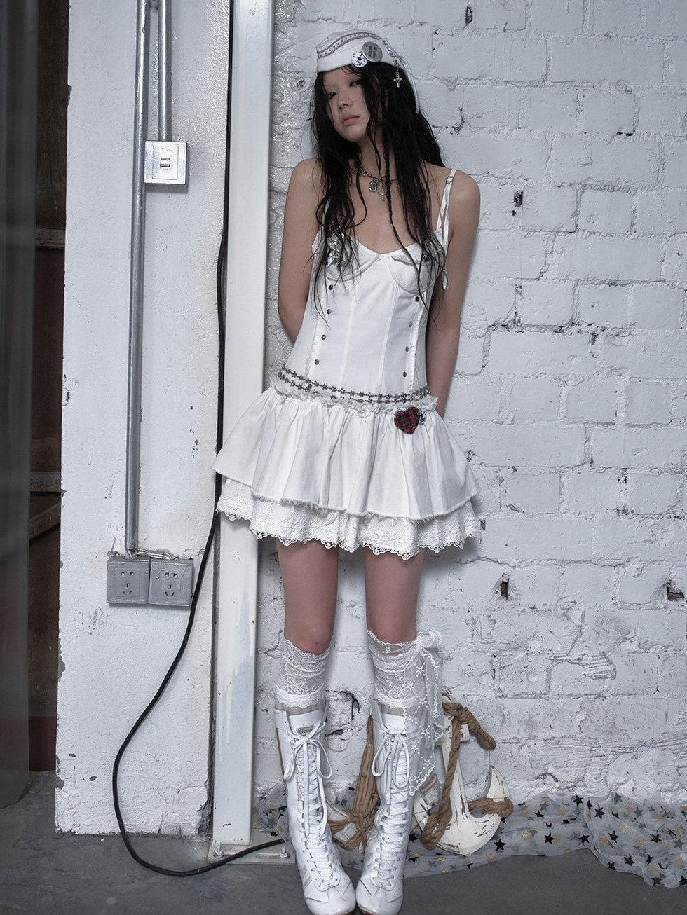 NO ROMANCE Washed Frayed Hem Vintage Punk Academy Women'S Cotton Slip Mini Dresses