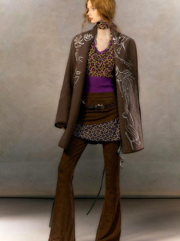 OfAkiva Embroidered Double Faced Wool Elegant Loose Fit Women Brown Short Coat