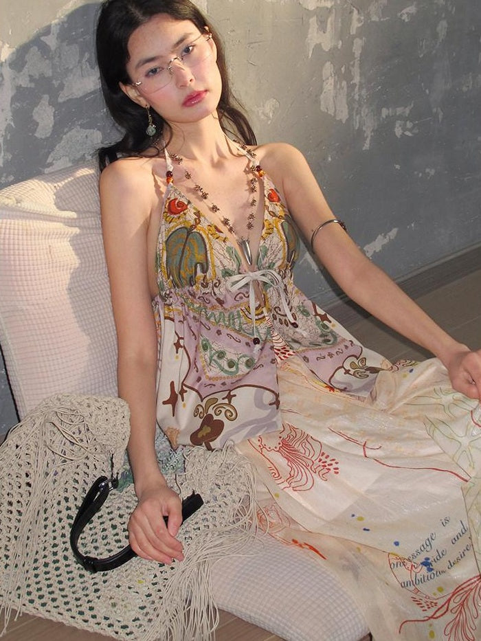 OfAkiva Floral Print Slim V-neck Tie Front Short Women Green Beige Halter Crop Tops